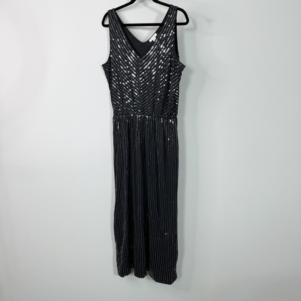 Garnet Hill Dress Womens XL Gray Sequin Stripe‎ Maxi Sleeveless Evening